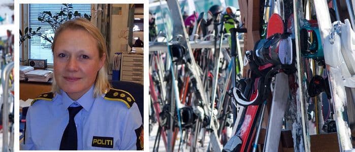 NAVN SKIENE: - Merk skiene dine med navn og telefonnummer, så man enkelt kan finne ut hvem eieren er, sier lensmann Inger Lill Lanes ved Gol og Hemsedal lensmannskontor. Foto: Politiet.